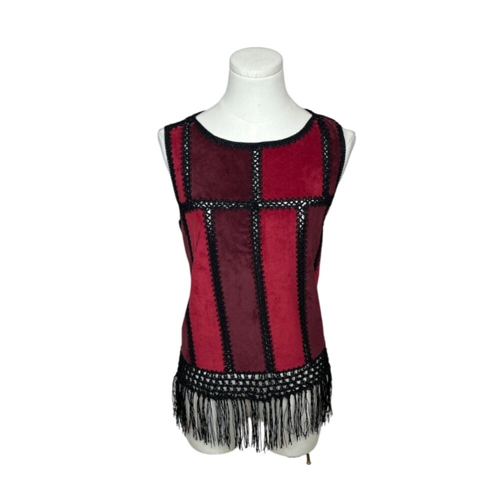 Romeo & Juliet Womens Sleeveless Red & Black Patchwork Fringe Shirt  Sz M